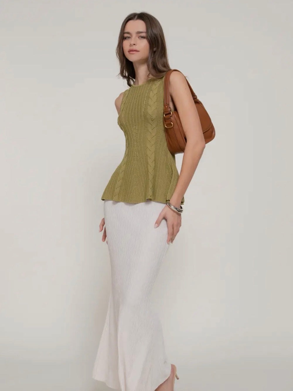 A446. Olive Cable Knit Sleeveless Peplum Top