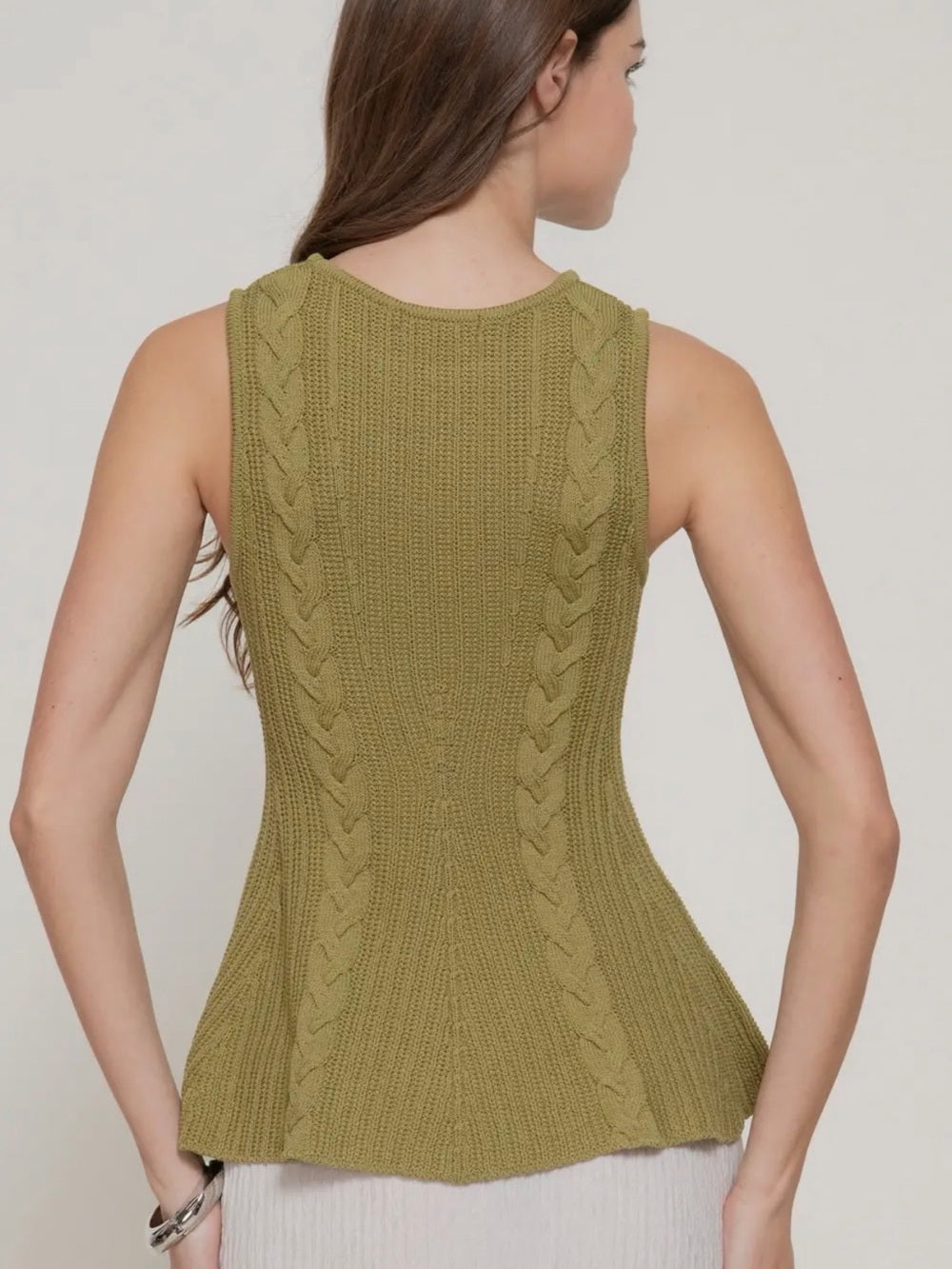 A446. Olive Cable Knit Sleeveless Peplum Top
