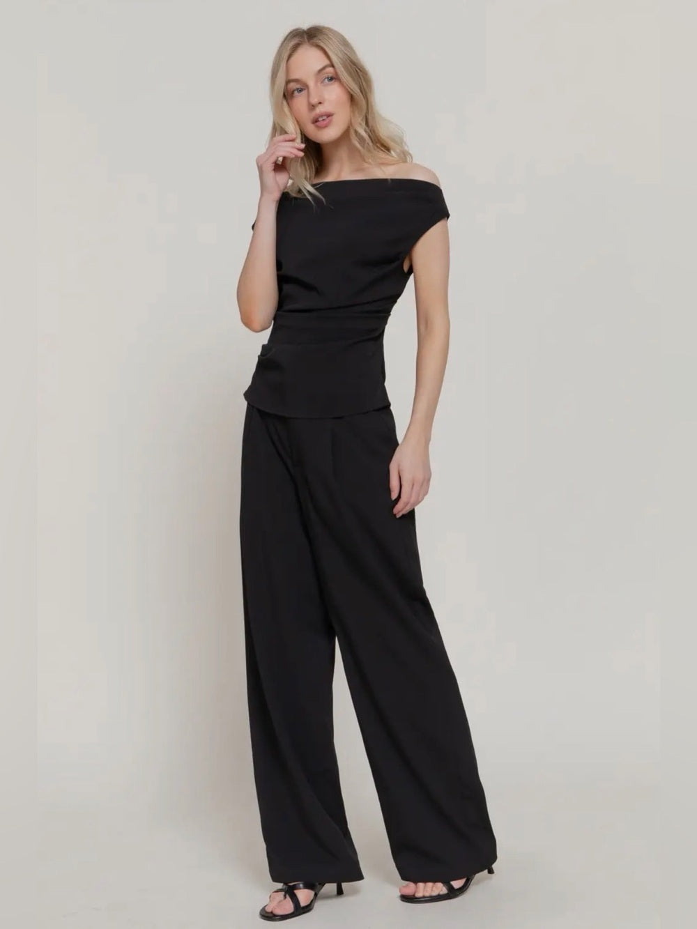 A447. Black Off-Shoulder Wide-Leg Pant & Top Set