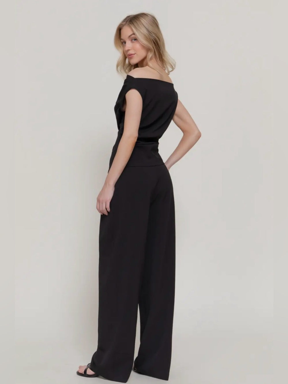 A447. Black Off-Shoulder Wide-Leg Pant & Top Set