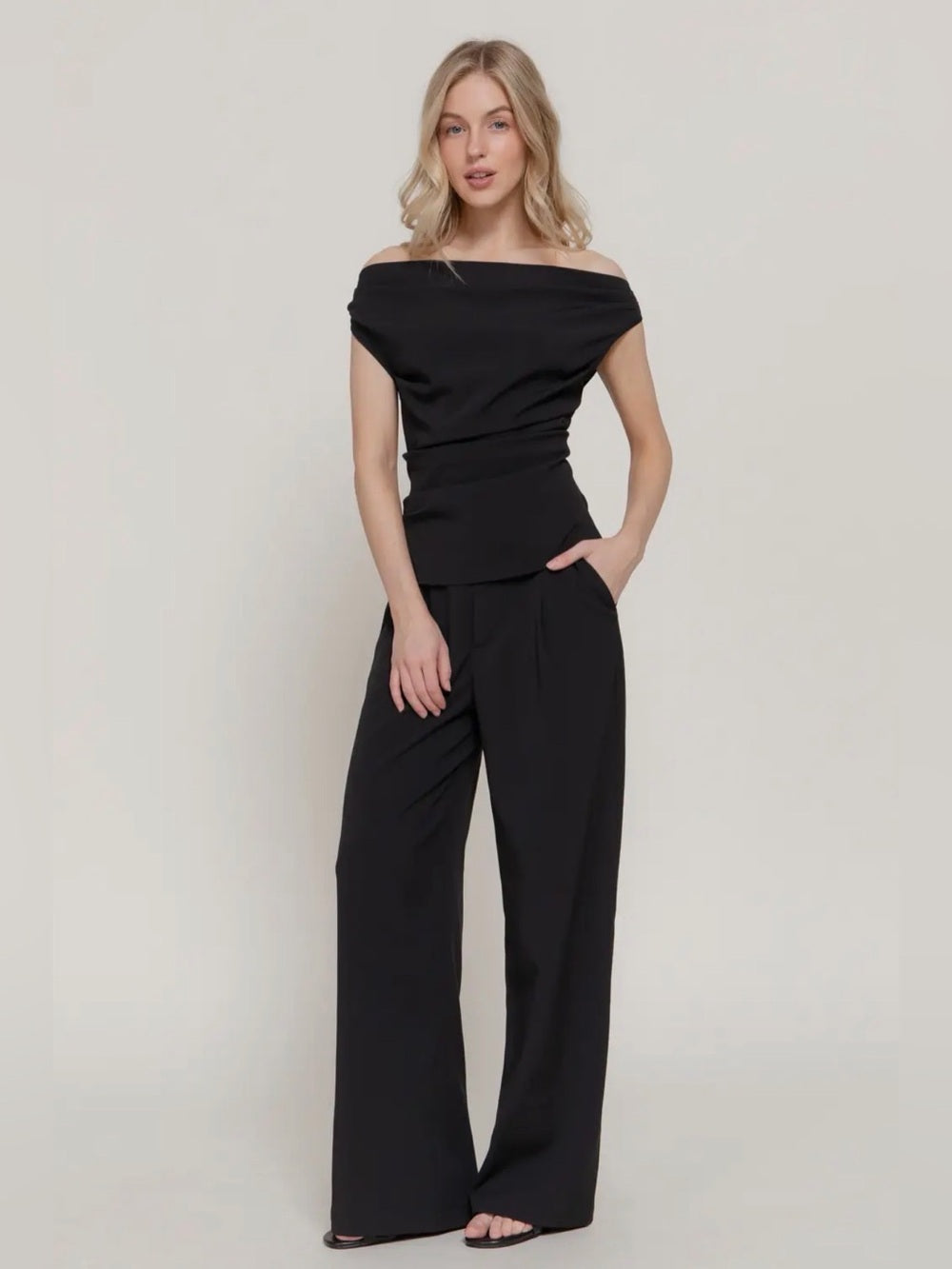 A447. Black Off-Shoulder Wide-Leg Pant & Top Set