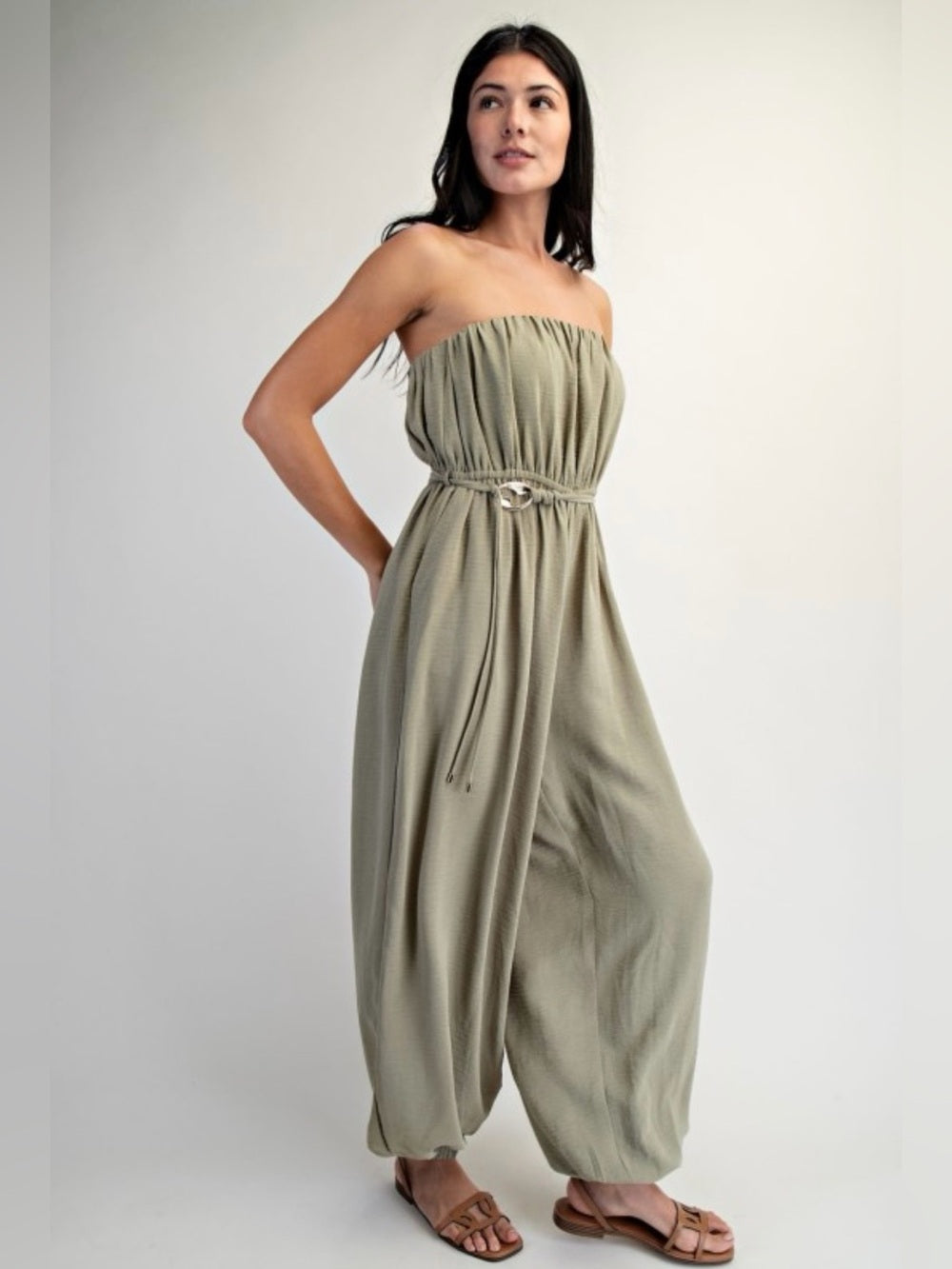 A448. Strapless Olive Green Balloon Pant Jumpsuit with Cinched Waist