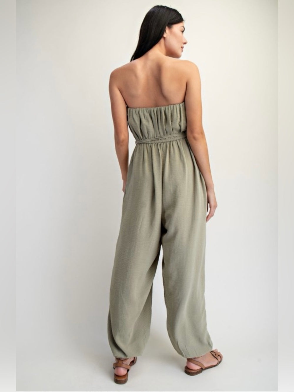 A448. Strapless Olive Green Balloon Pant Jumpsuit with Cinched Waist