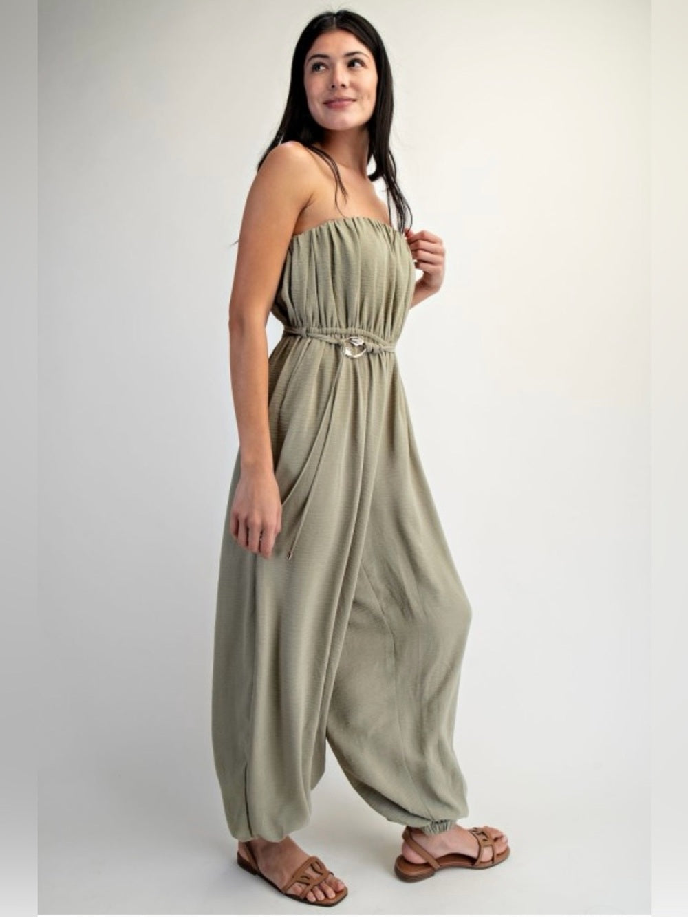 A448. Strapless Olive Green Balloon Pant Jumpsuit with Cinched Waist
