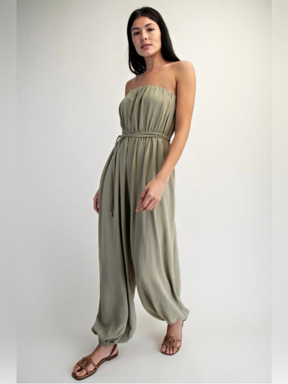 A448. Strapless Olive Green Balloon Pant Jumpsuit with Cinched Waist