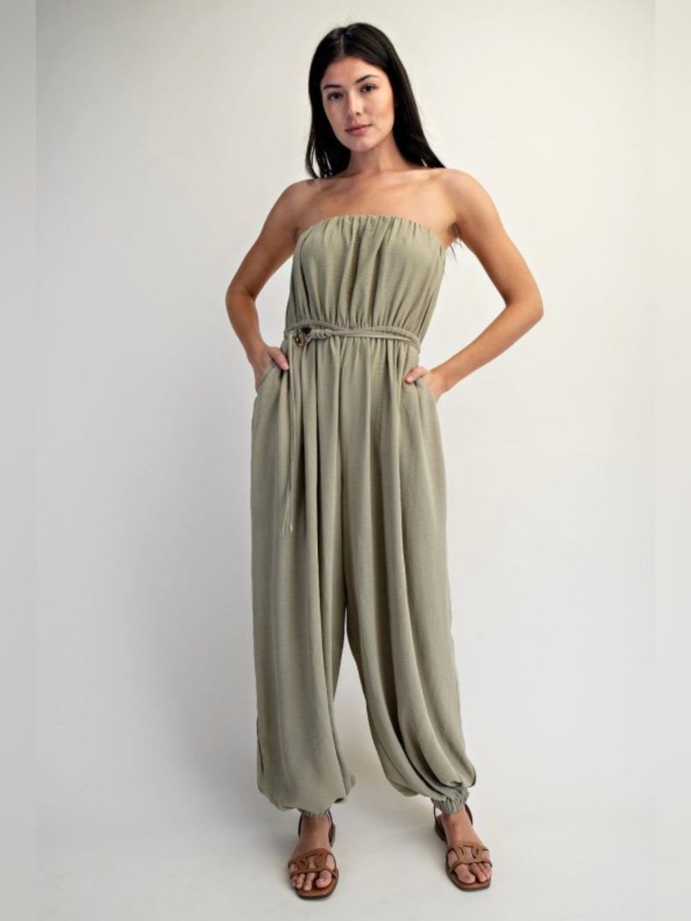 A448. Strapless Olive Green Balloon Pant Jumpsuit with Cinched Waist