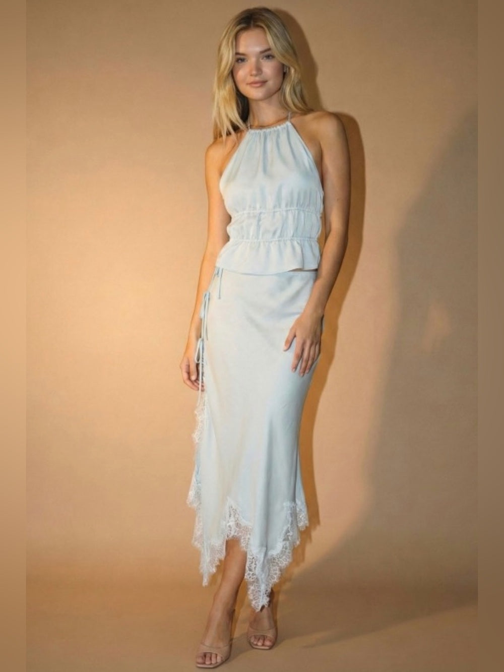 A449. Light Sky Blue Halter Lace Trim Midi Skirt & Top Set