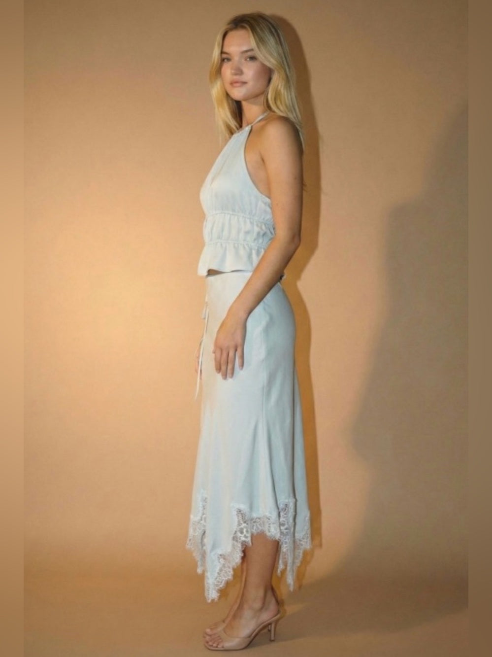 A449. Light Sky Blue Halter Lace Trim Midi Skirt & Top Set