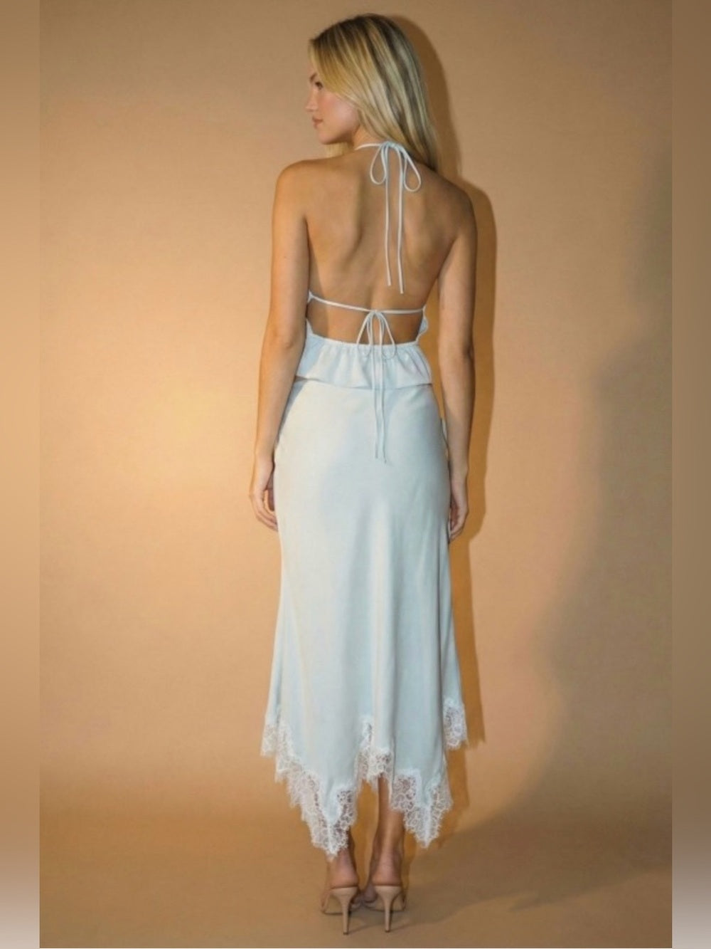 A449. Light Sky Blue Halter Lace Trim Midi Skirt & Top Set