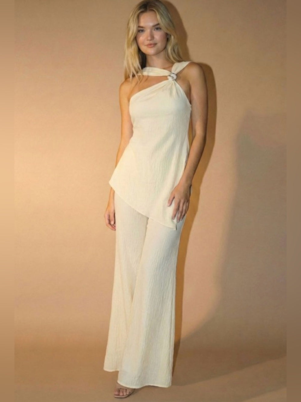 A450. Cream One-Shoulder with Knot Detail Top & Wide Leg Pant Set