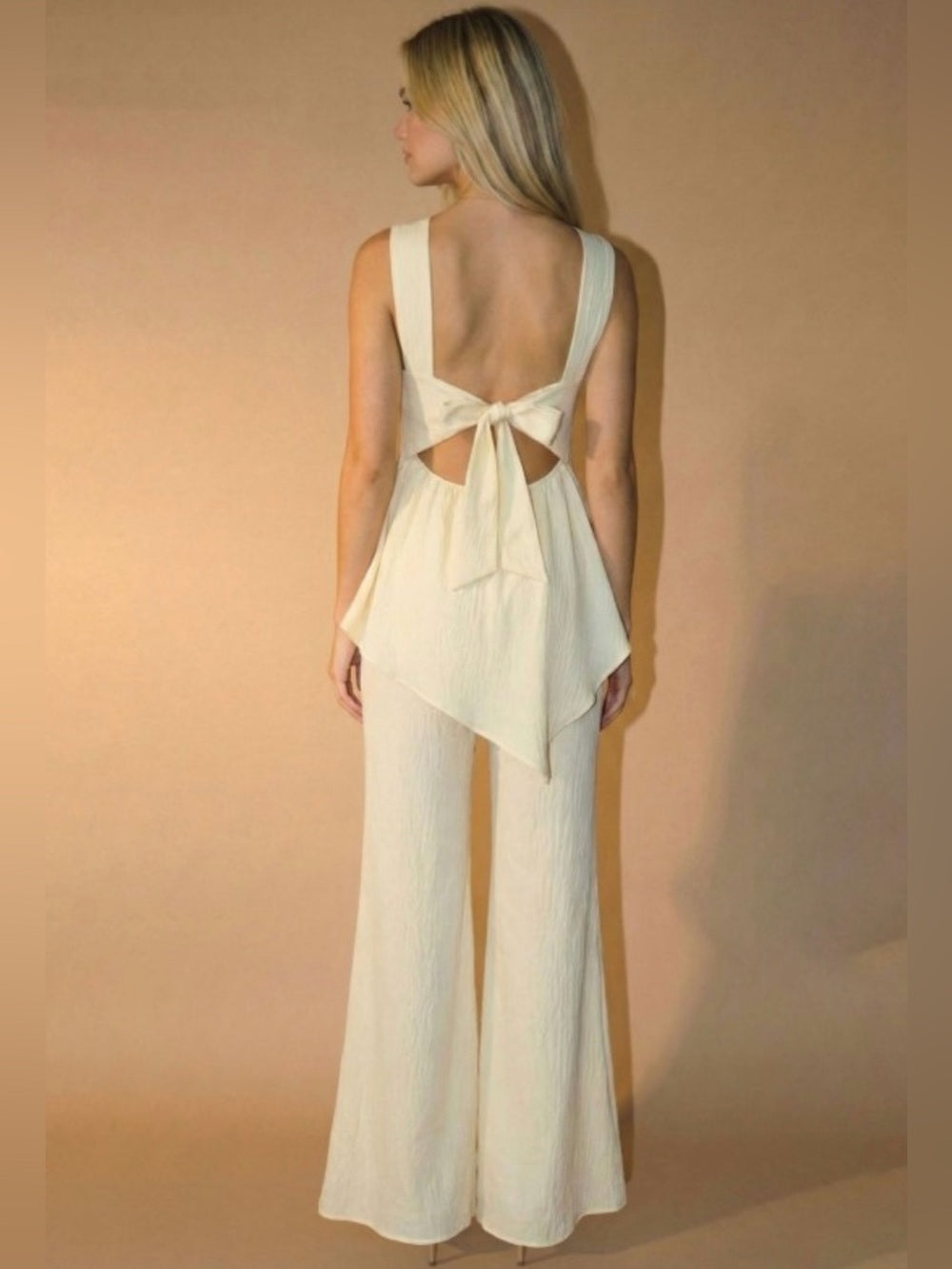 A450. Cream One-Shoulder with Knot Detail Top & Wide Leg Pant Set