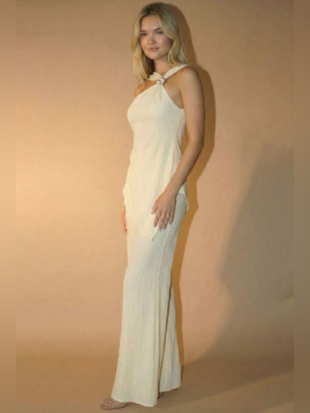 A450. Cream One-Shoulder with Knot Detail Top & Wide Leg Pant Set