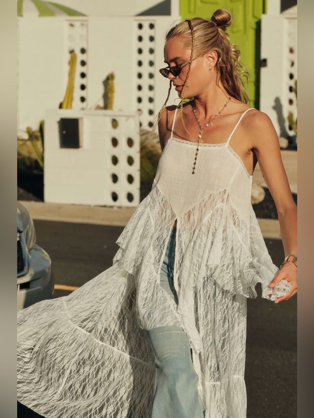 A451. Promesa Whispering Winds Sheer Lace Flyaway Maxi Top
