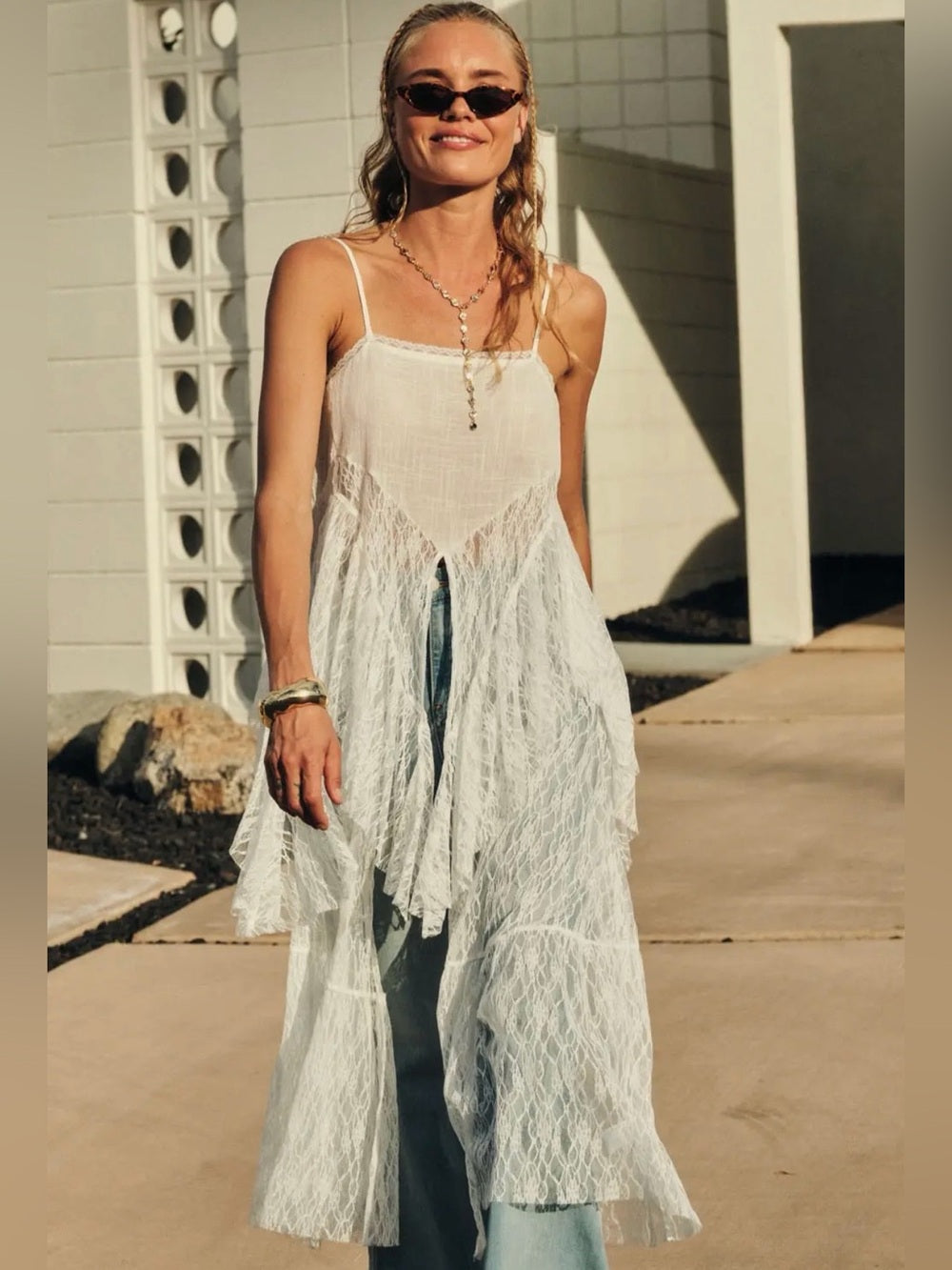 A451. Promesa Whispering Winds Sheer Lace Flyaway Maxi Top