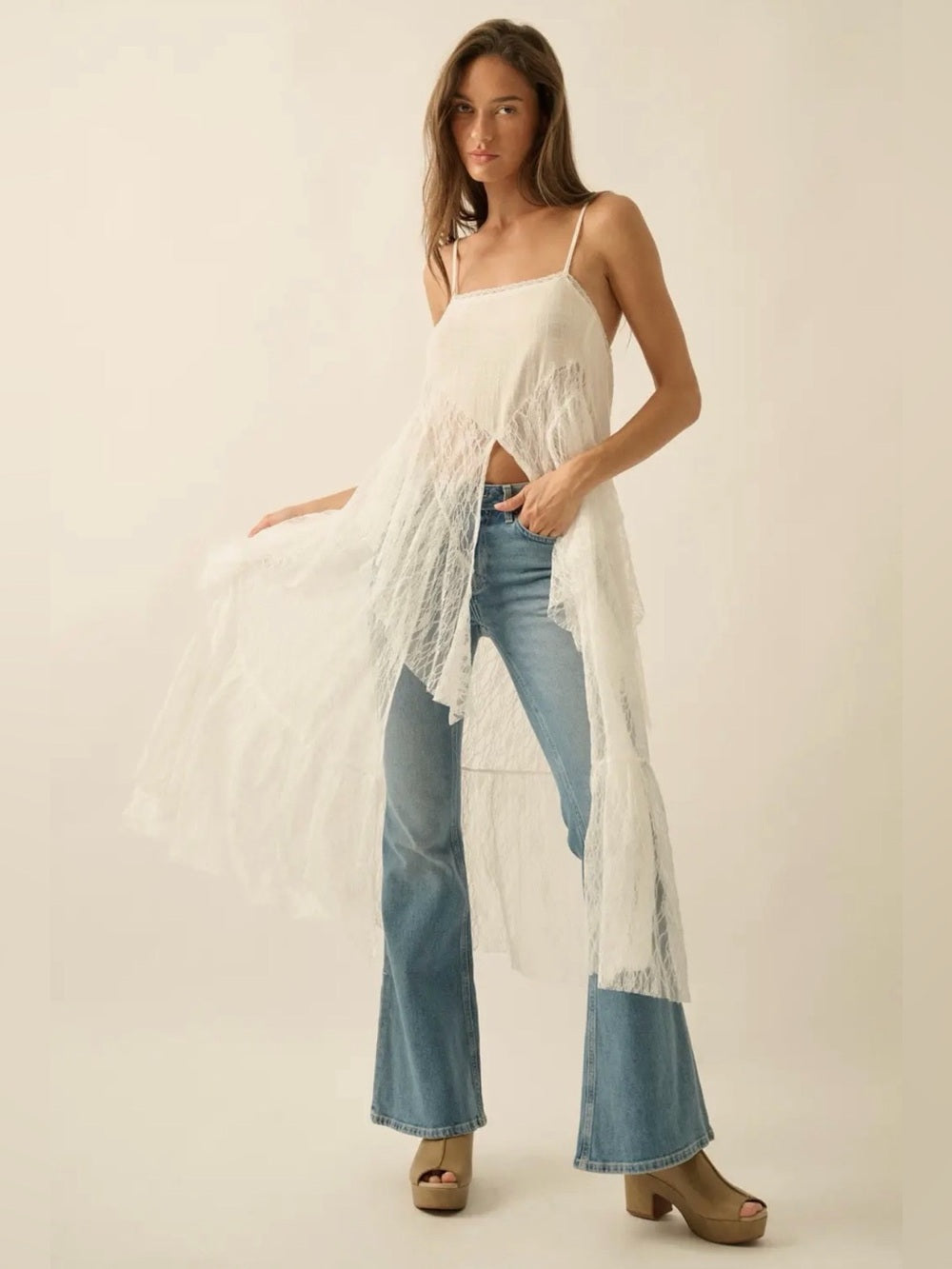 A451. Promesa Whispering Winds Sheer Lace Flyaway Maxi Top