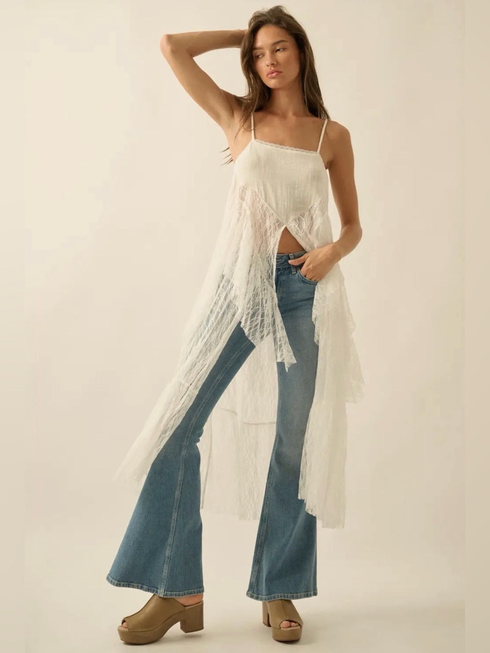 A451. Promesa Whispering Winds Sheer Lace Flyaway Maxi Top