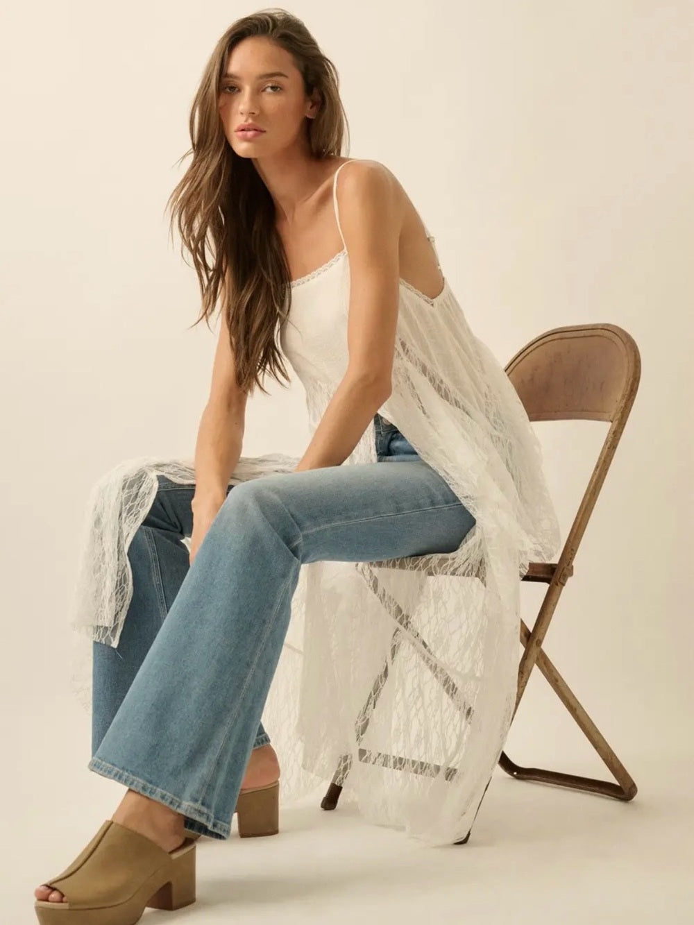 A451. Promesa Whispering Winds Sheer Lace Flyaway Maxi Top