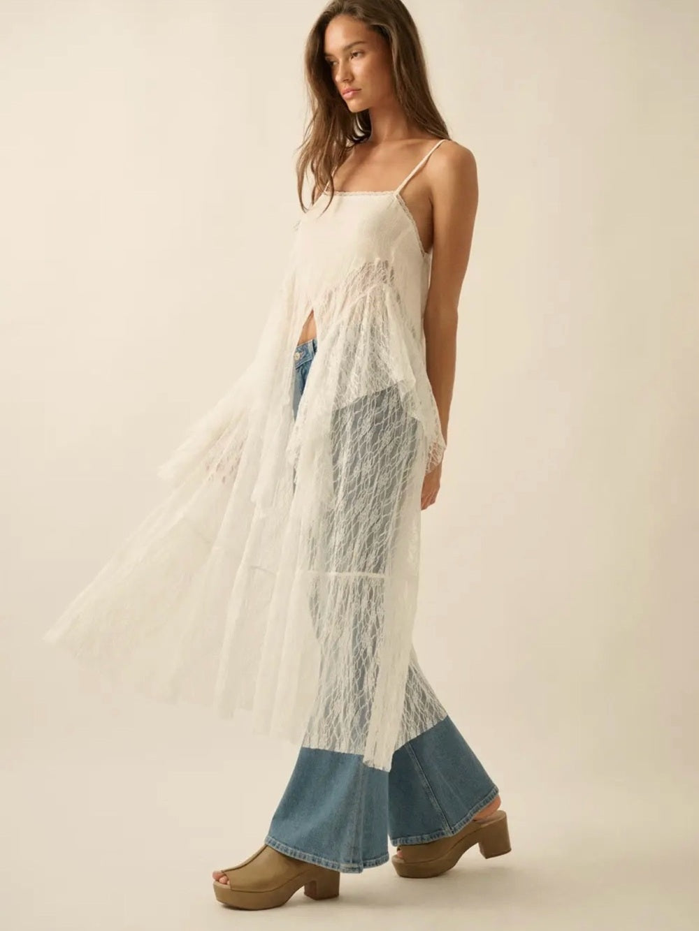 A451. Promesa Whispering Winds Sheer Lace Flyaway Maxi Top