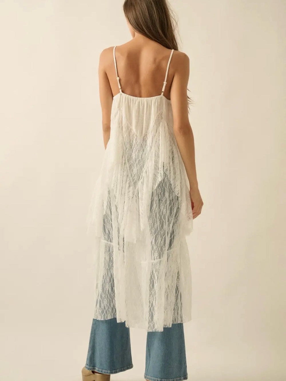 A451. Promesa Whispering Winds Sheer Lace Flyaway Maxi Top