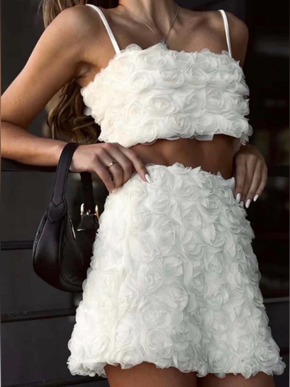 A456. Mable Ivory Rose 3D Textured Mini Skirt & Top Set