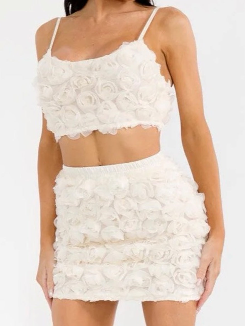 A456. Mable Ivory Rose 3D Textured Mini Skirt & Top Set