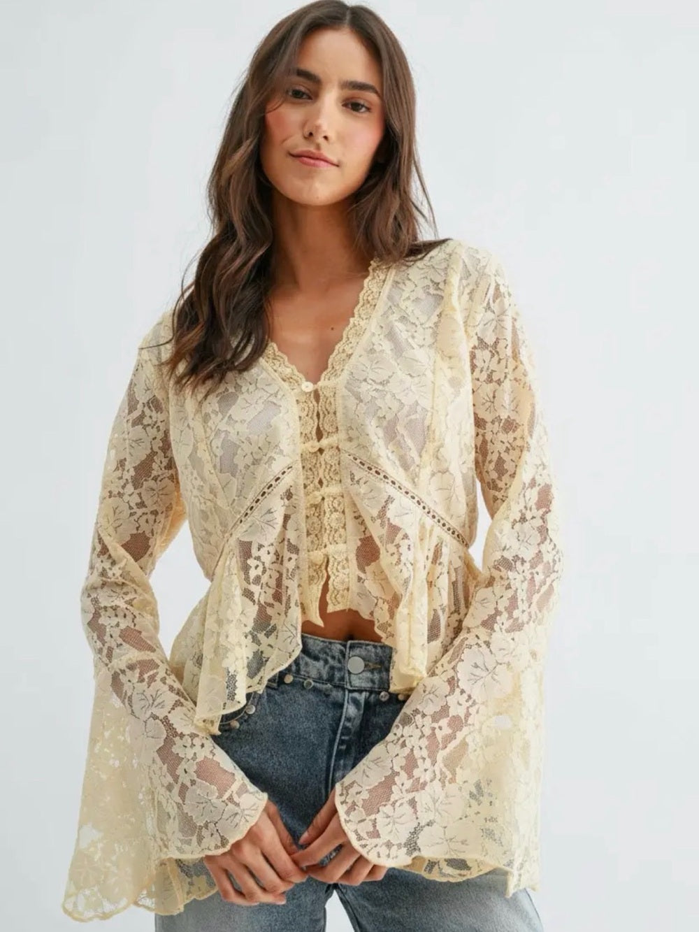 A460. Lace Peplum Crochet-Trim Blouse - Cream