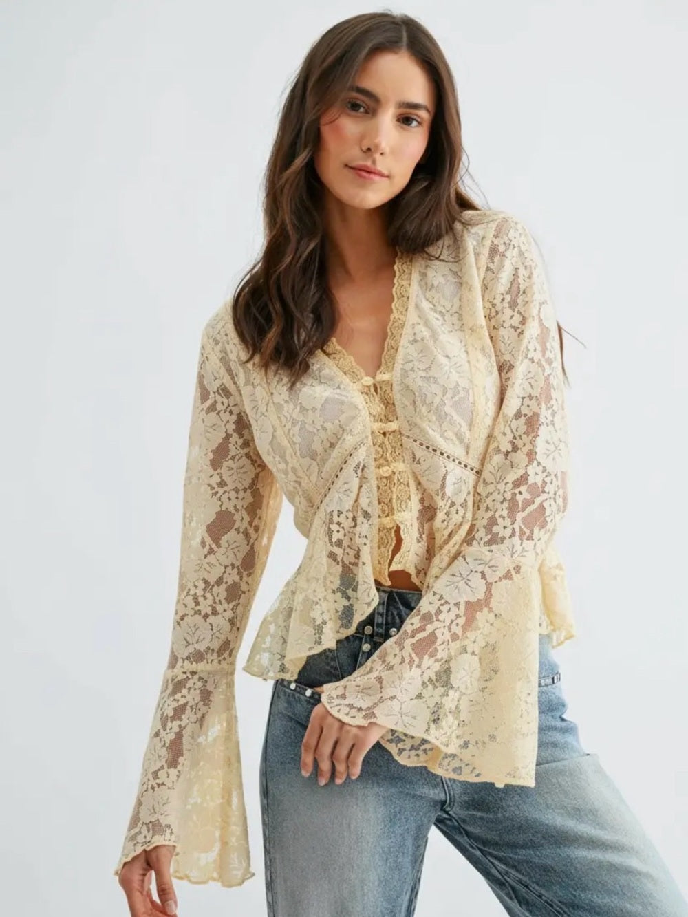 A460. Lace Peplum Crochet-Trim Blouse - Cream