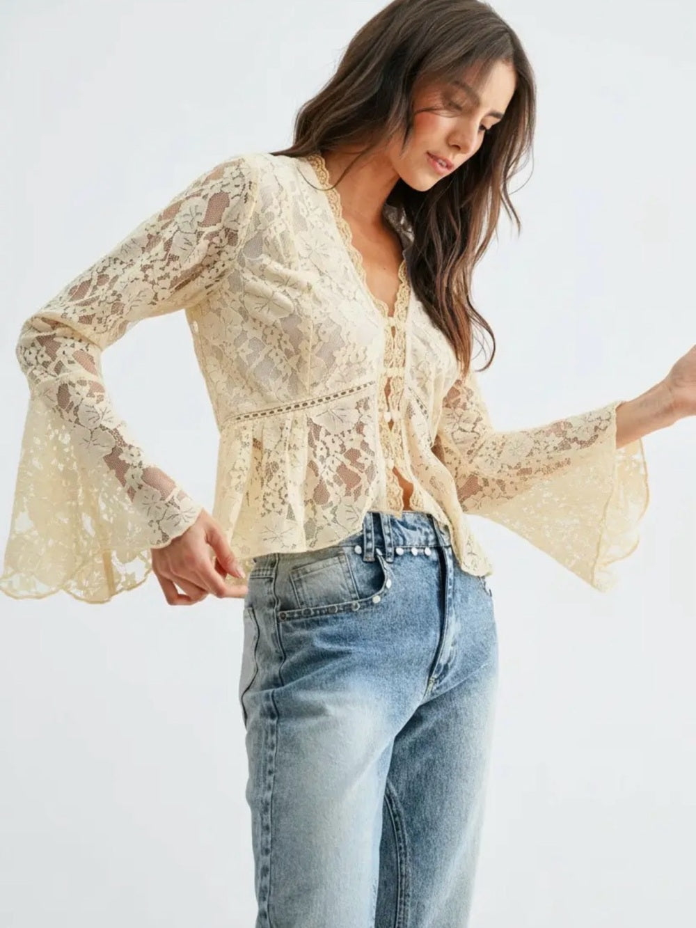 A460. Lace Peplum Crochet-Trim Blouse - Cream