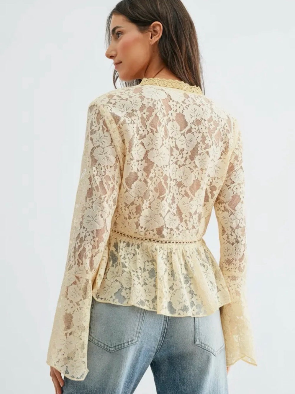 A460. Lace Peplum Crochet-Trim Blouse - Cream