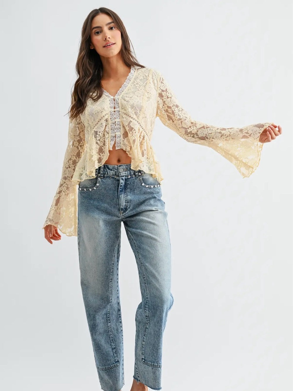 A460. Lace Peplum Crochet-Trim Blouse - Cream