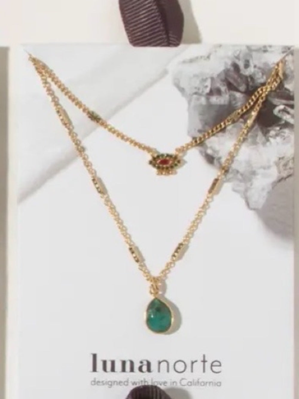 A460. Luna Norte Gold Necklace Set with Green Gemstone Accent