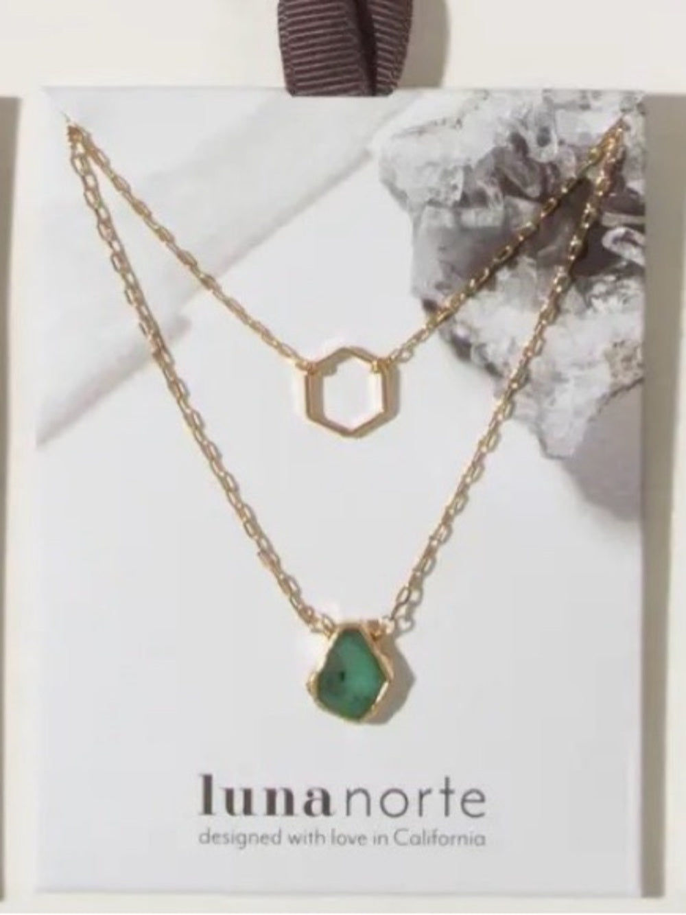 A460. Luna Norte Gold Necklace Set with Green Gemstone Accent