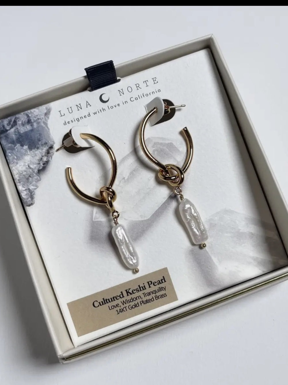 A465. Luna Norte Gold Hoop Earrings with White Keshi Pearl Drops