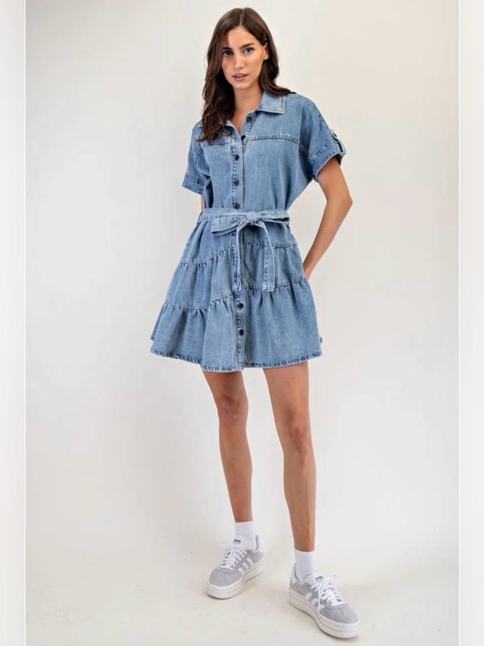 A467. Light Blue Denim Shirt Dress with Belt