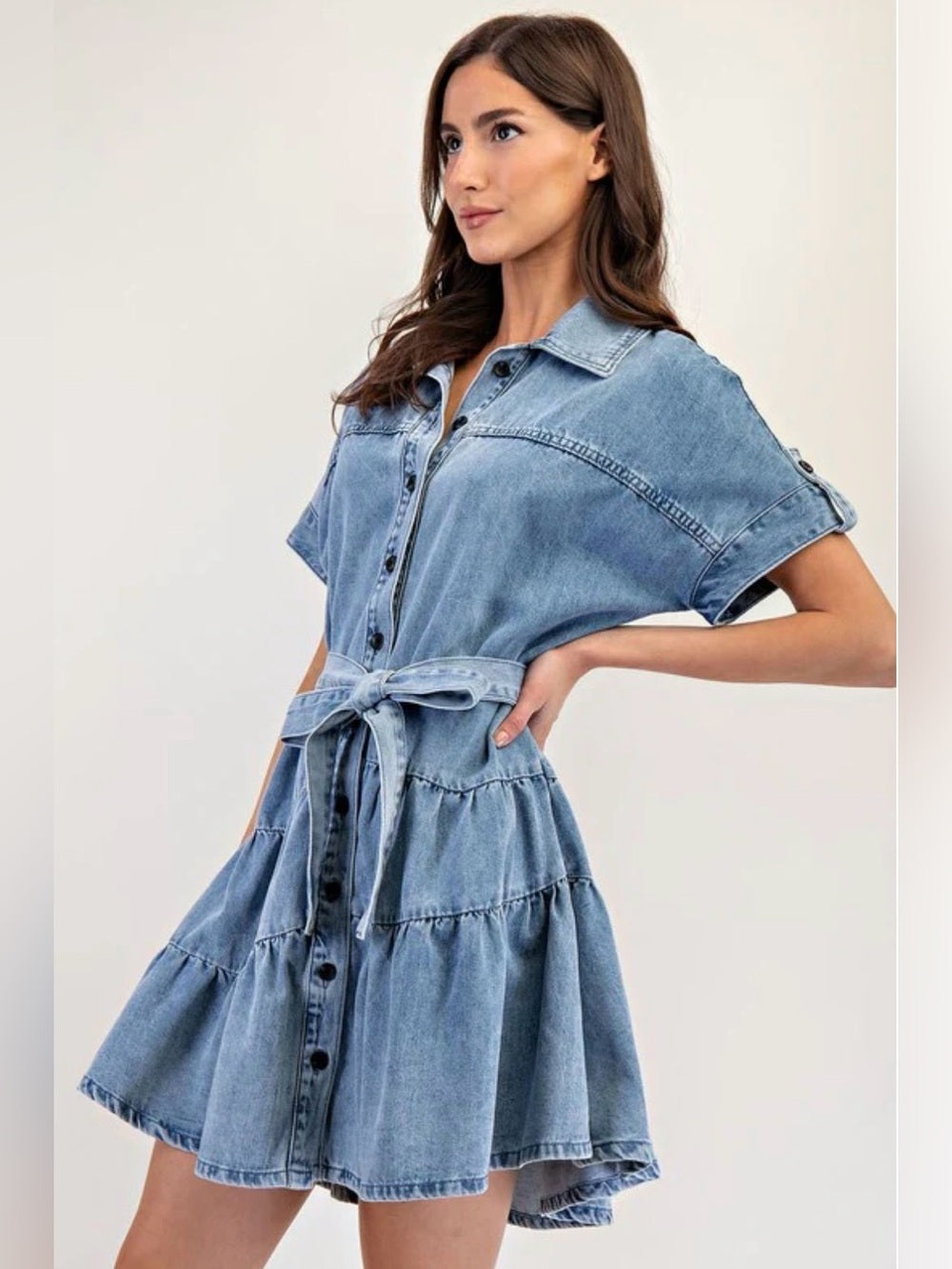 A467. Light Blue Denim Shirt Dress with Belt