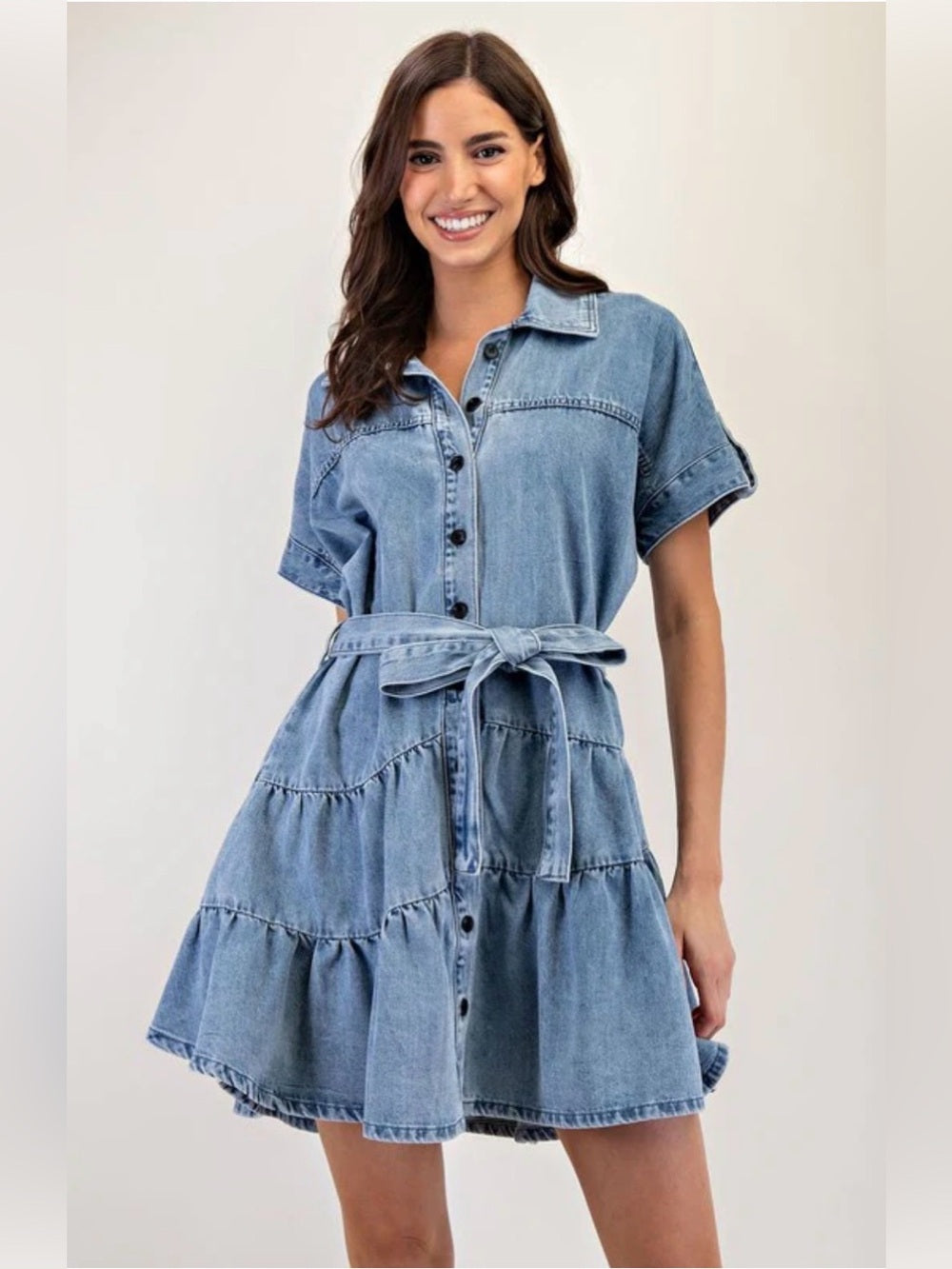 A467. Light Blue Denim Shirt Dress with Belt