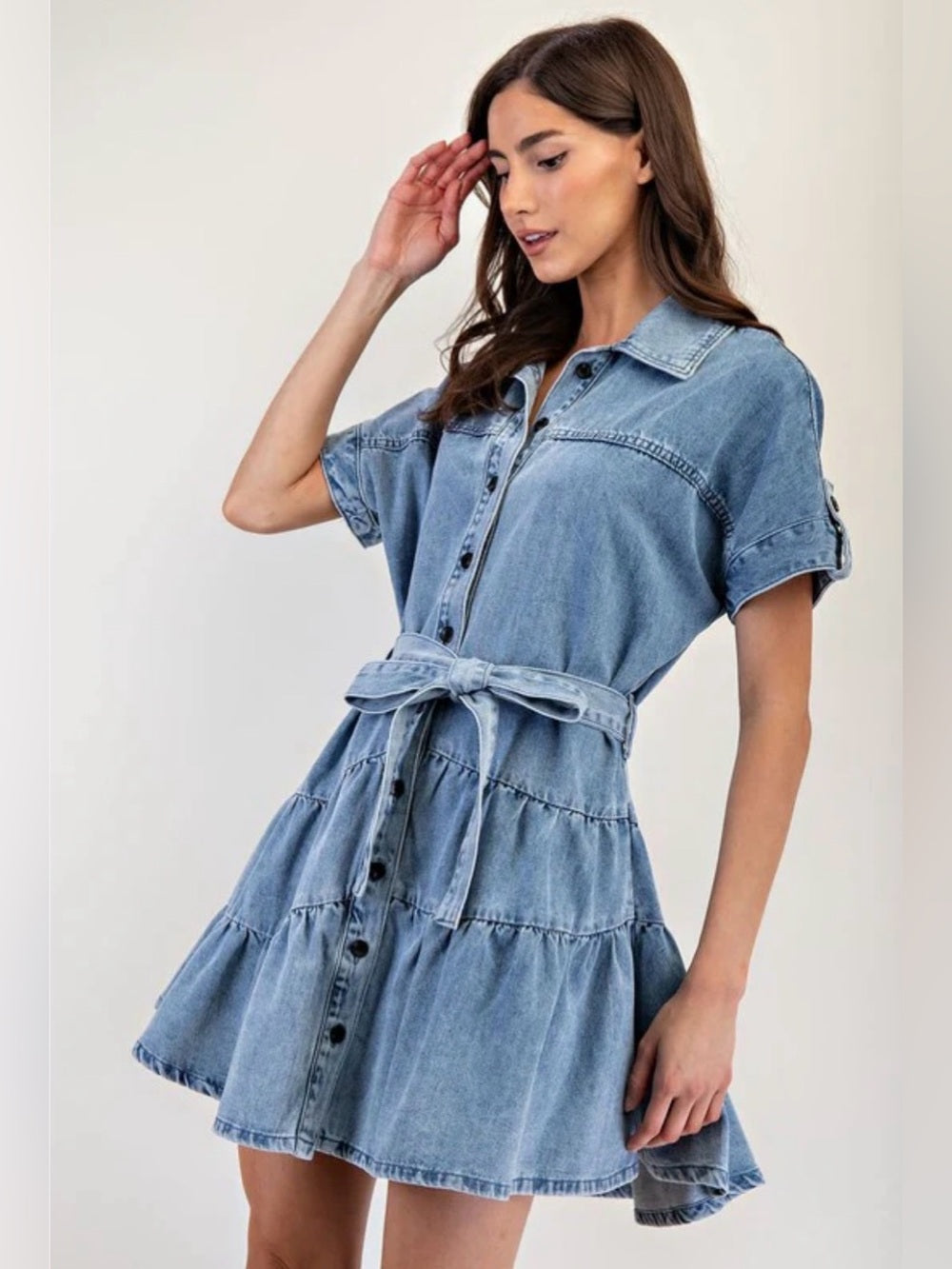 A467. Light Blue Denim Shirt Dress with Belt