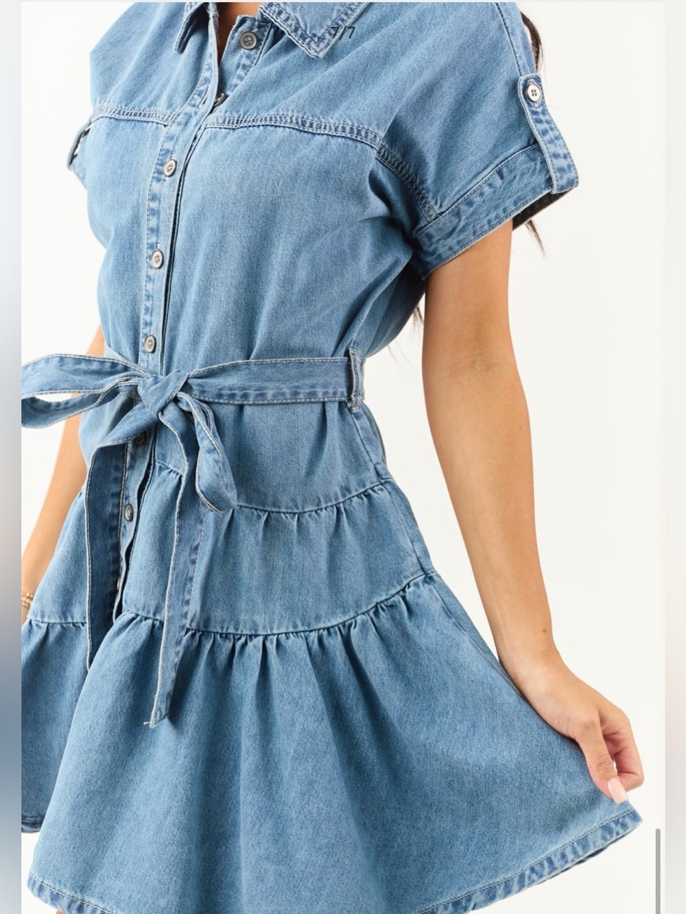 A467. Light Blue Denim Shirt Dress with Belt