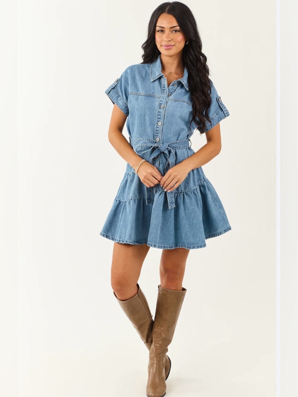 A467. Light Blue Denim Shirt Dress with Belt