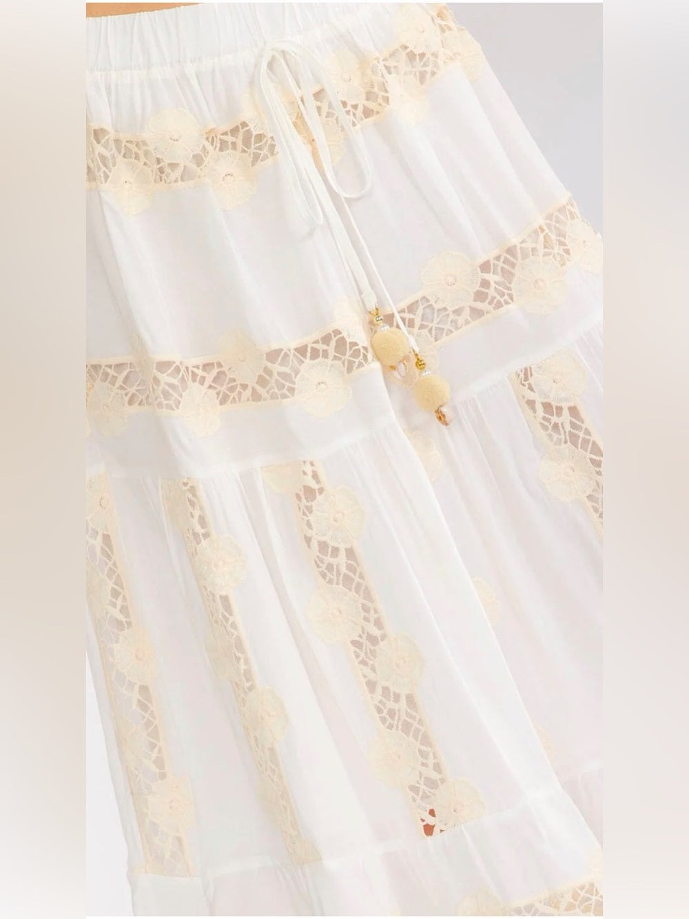 A470. Boho Lace-Trim White Maxi Skirt