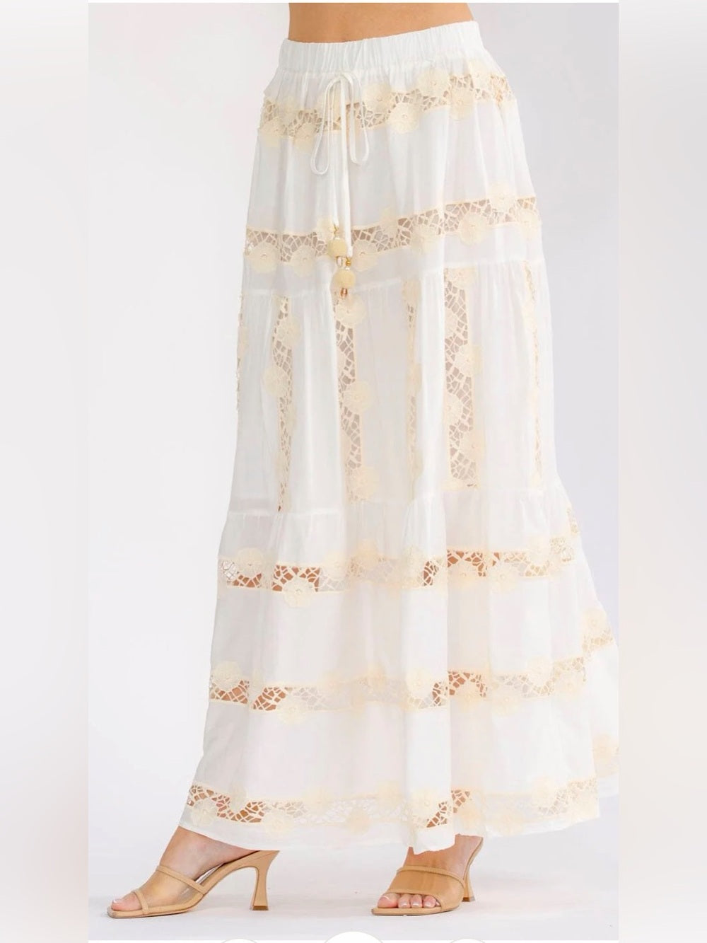 A470. Boho Lace-Trim White Maxi Skirt