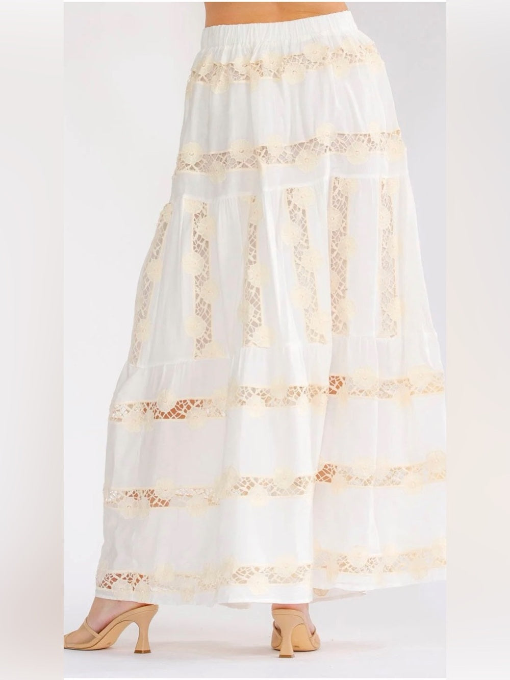 A470. Boho Lace-Trim White Maxi Skirt