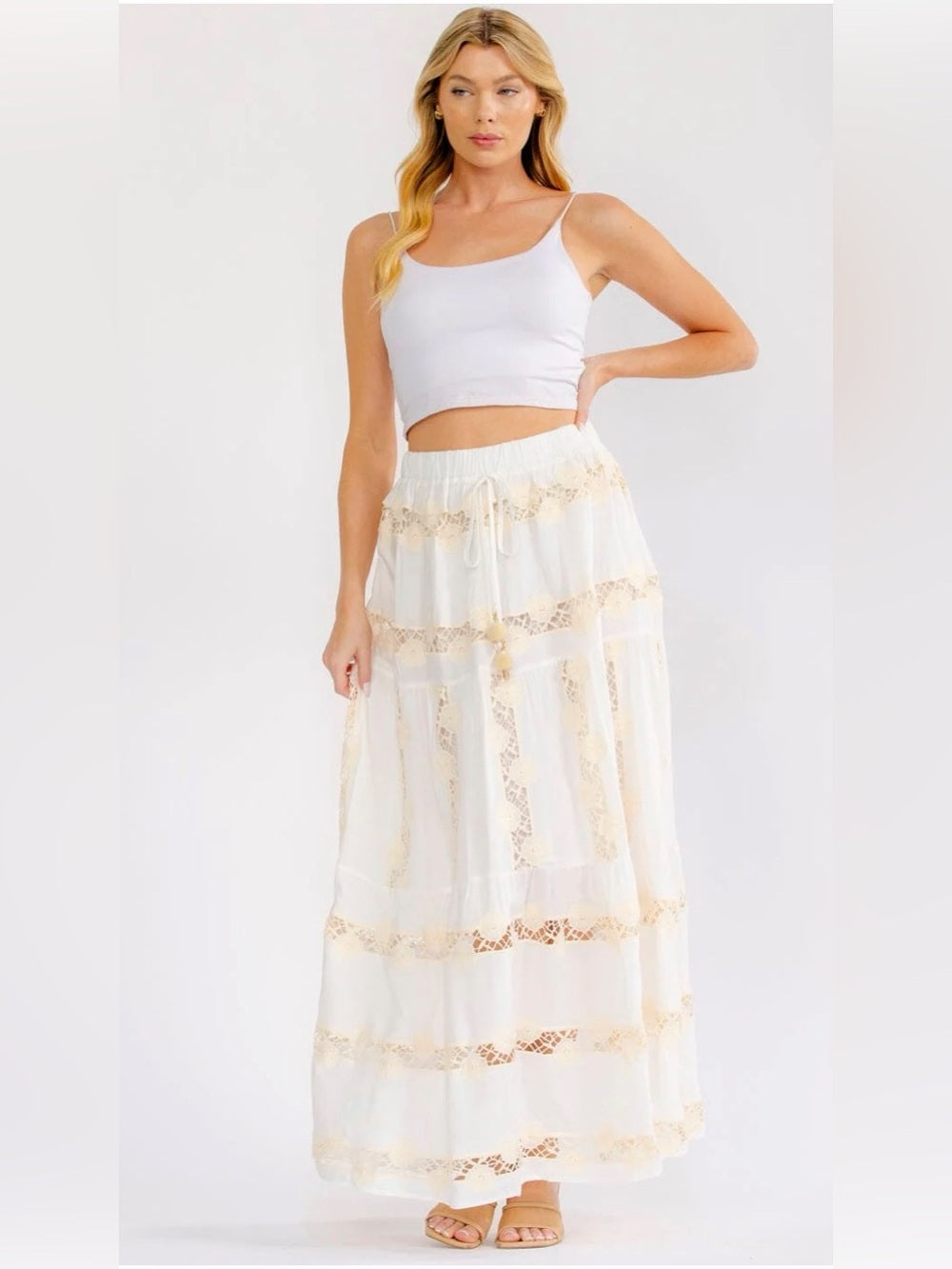 A470. Boho Lace-Trim White Maxi Skirt