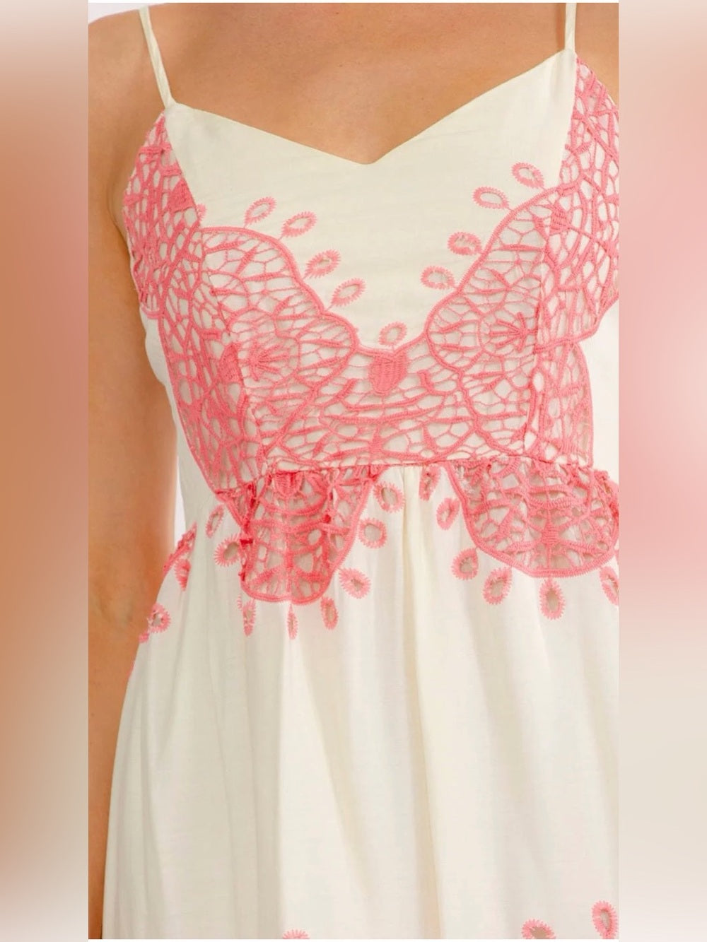 A471. Boho Cream Maxi Dress with Pink Lace Overlay