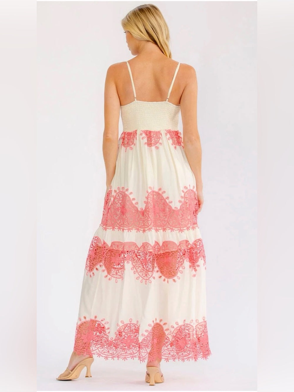 A471. Boho Cream Maxi Dress with Pink Lace Overlay