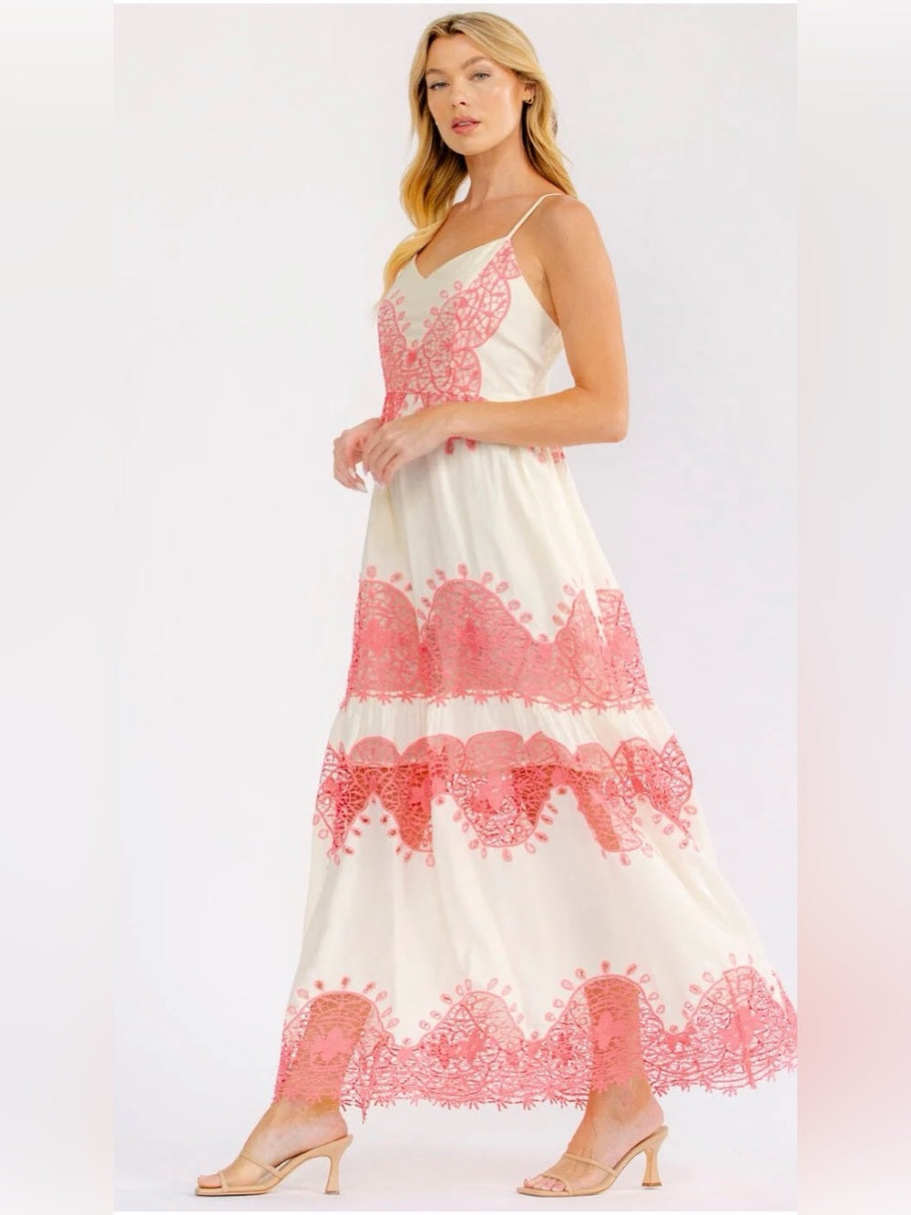 A471. Boho Cream Maxi Dress with Pink Lace Overlay