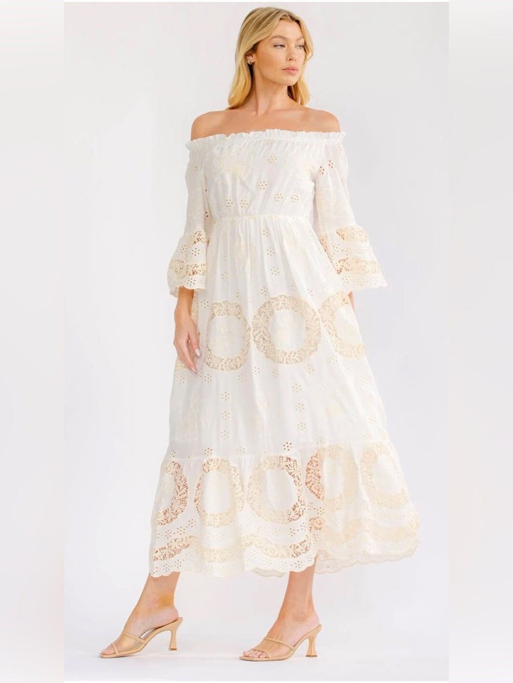 knee length dresses for ladies A472. Boho Off-Shoulder White & Cream Eyelet Maxi Dress – The Jillienne Edit