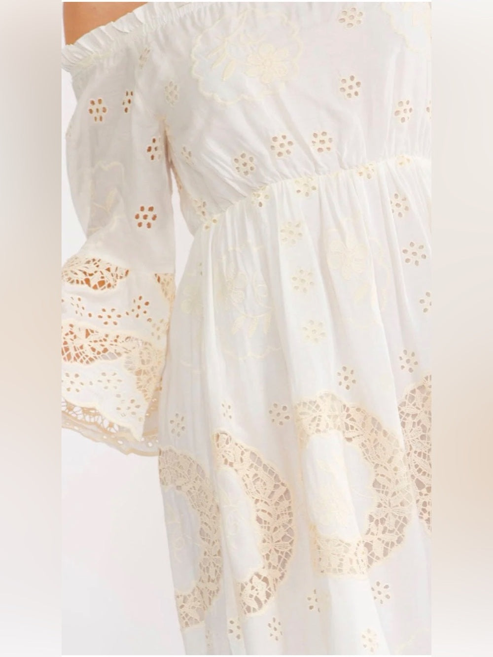 A472. Boho Off-Shoulder White & Cream Eyelet Maxi Dress The Jillienne Edit A472. Boho Off-Shoulder White & Cream Eyelet Maxi Dress The Jillienne Edit
