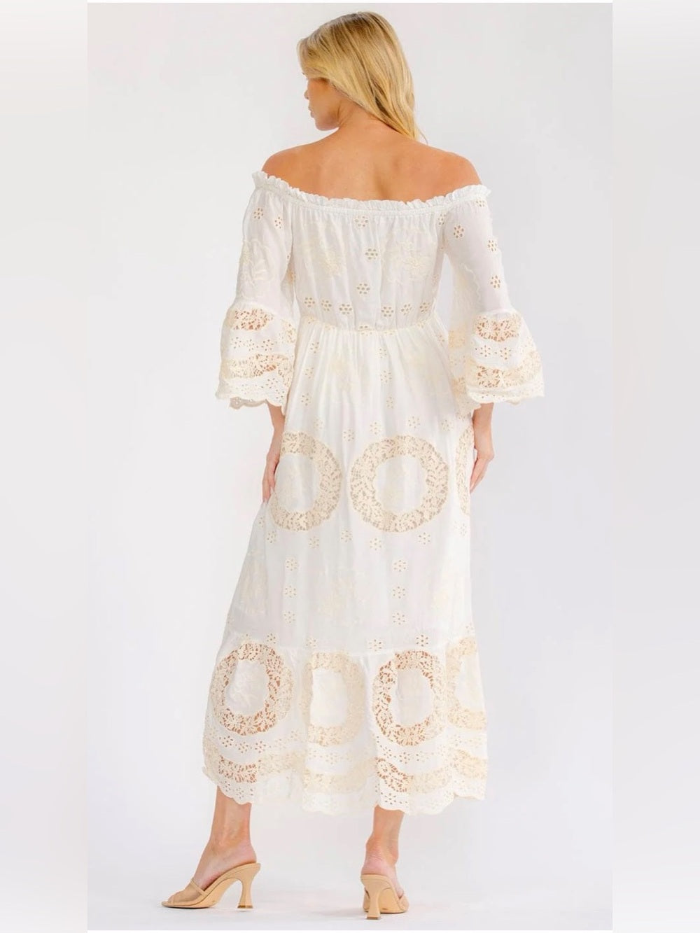 A472. Boho Off-Shoulder White & Cream Eyelet Maxi Dress – The Jillienne Edit