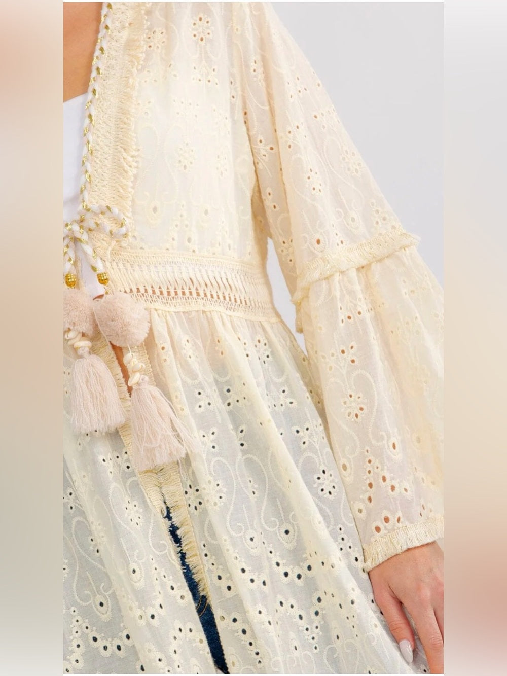 A473. Long Cream Eyelet Duster with Tassel Tie